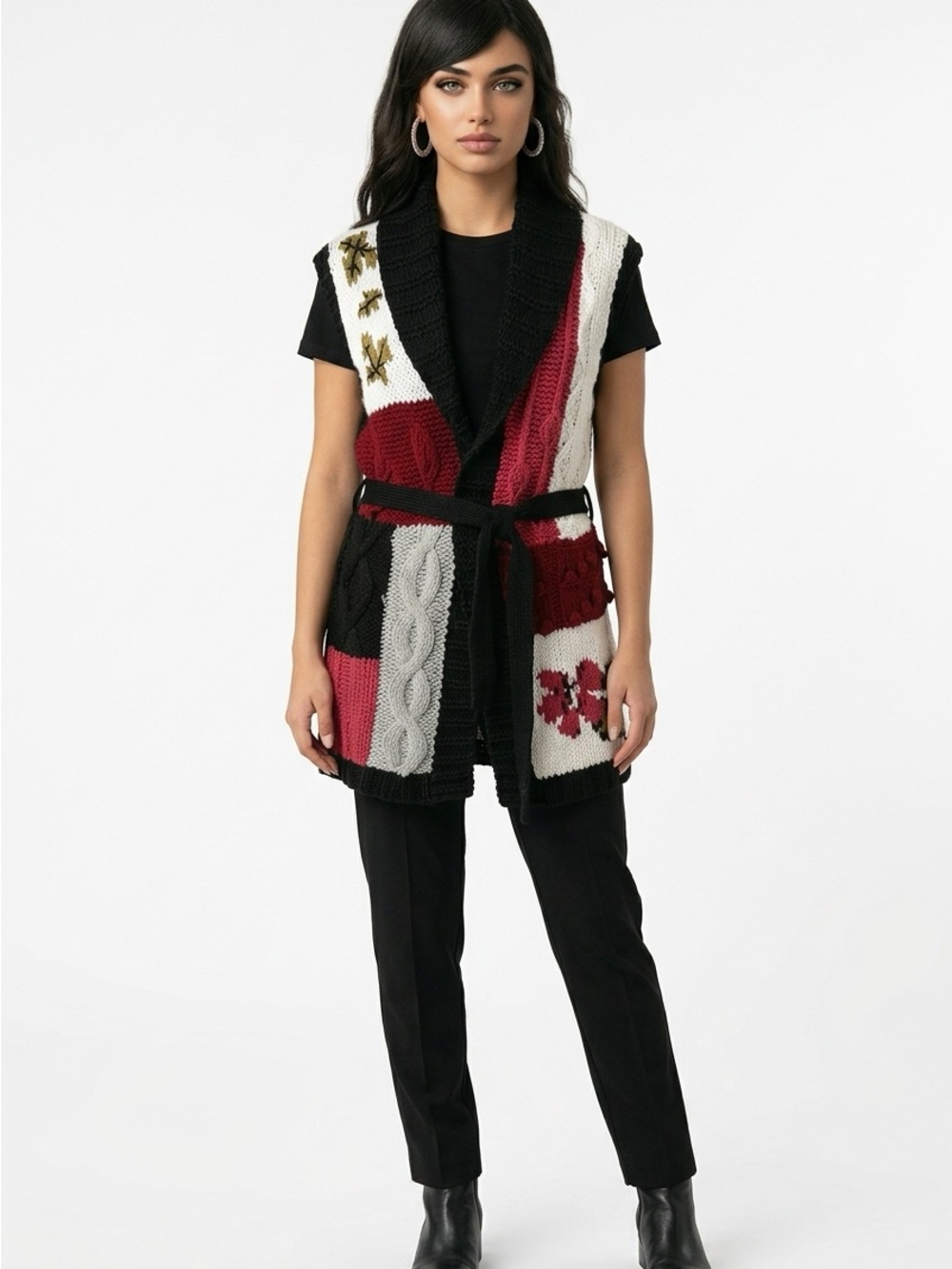 NWT Vertigo Large Black Crimson Chunky Knit Colorblock Duster Cardigan Sweater